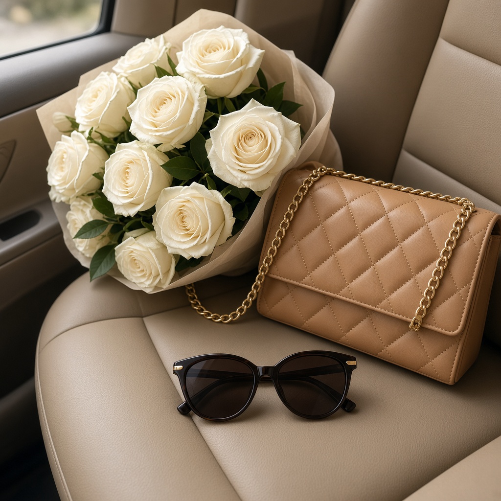 Bouquet clair et sac beige sur un siège cuir