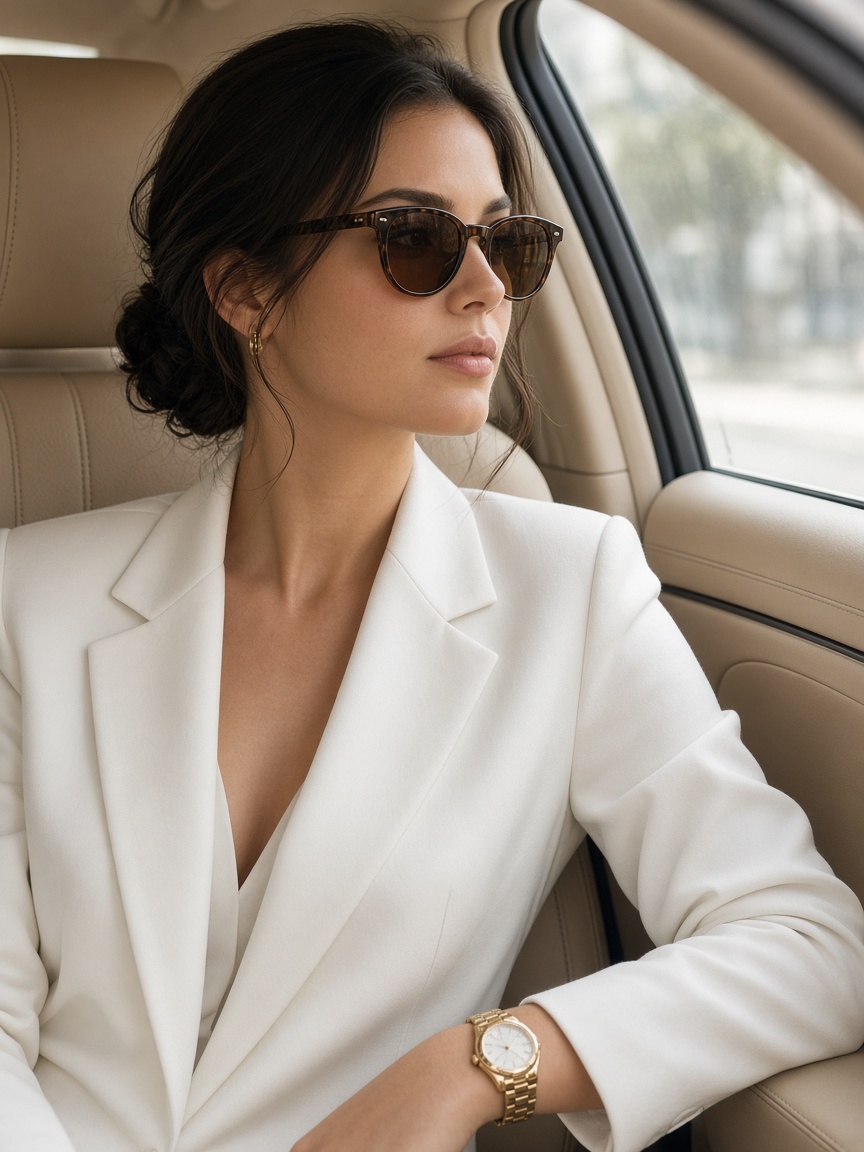 Passagère en tailleur clair et lunettes