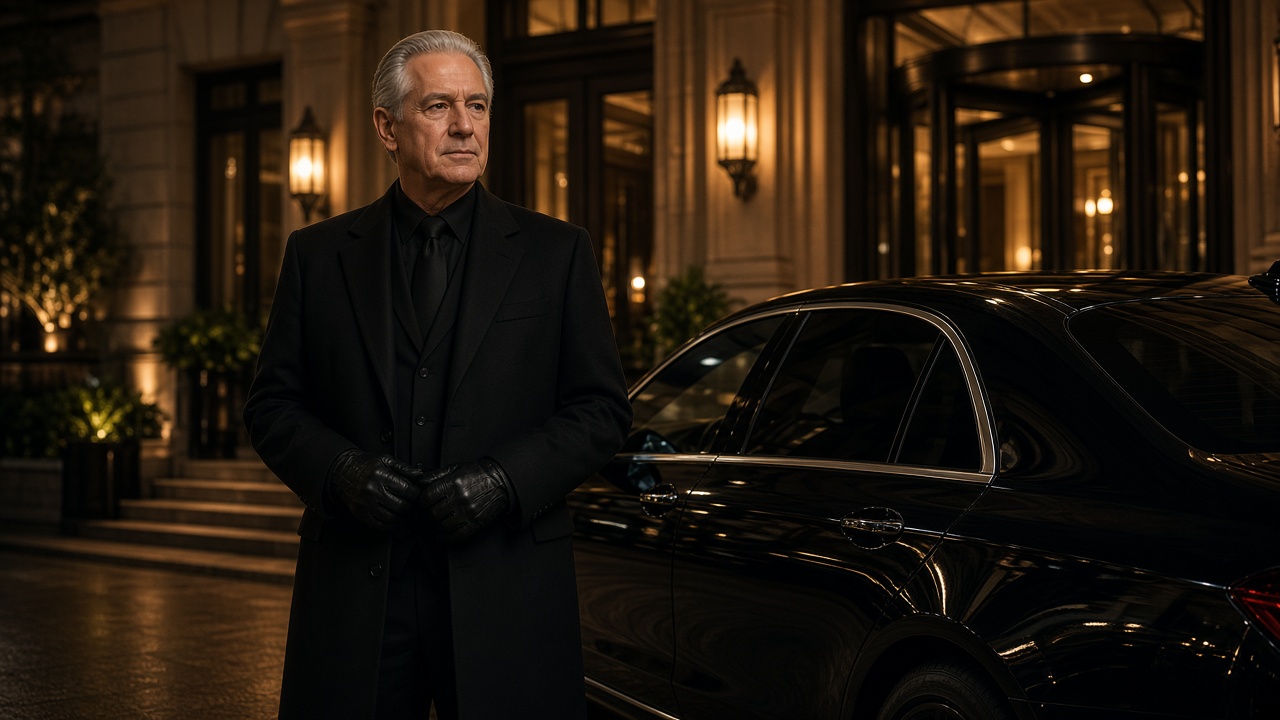 Chauffeur en costume noir devant une berline, le soir