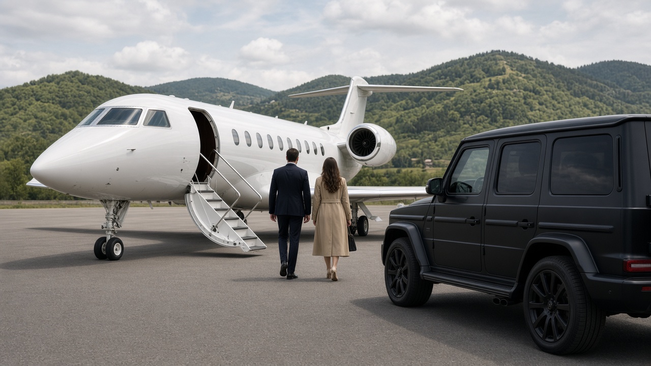 Jet privé et grand véhicule noir sur le tarmac