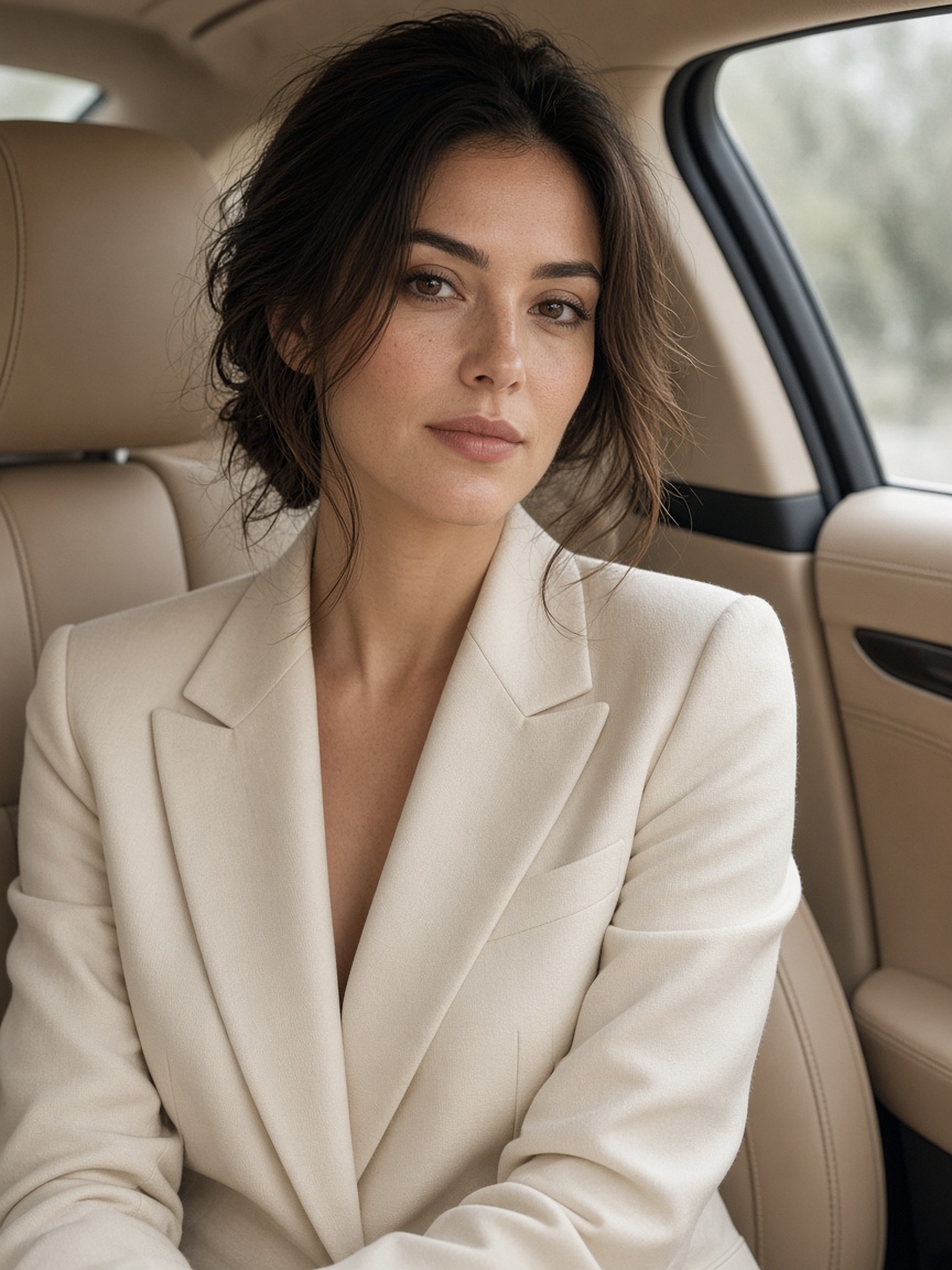 Passagère en veste claire dans la voiture