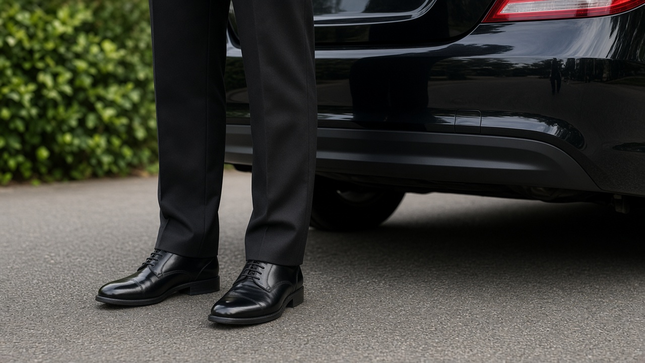 Chaussures noires près du pare-chocs d'une voiture sombre