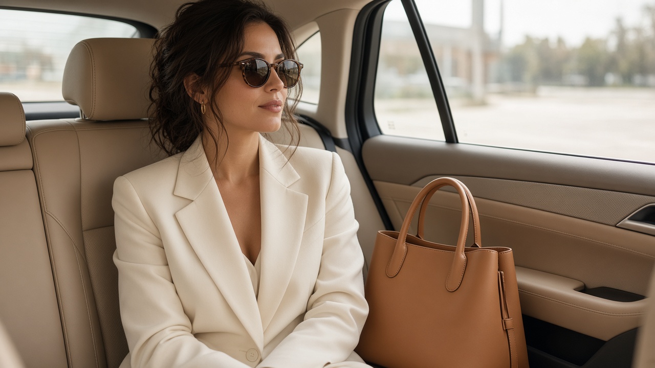 Passagère en veste claire dans une banquette beige